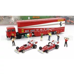   Brekina - FIAT 691 T TRUCK CAR TRANSPORTER ASSISTANCE WITH 6X FIGURES + 2X F1 FERRARI 312T2 N 11 WORLD CHAMPION NIKI LAUDA + N 12 CARLOS REUTEMANN SEASON 1977 RED