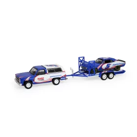   Greenlight - 1986 Chevrolet K5 Blazer Silverado and 1969 Chevrolet Camaro - Hendrick Motorsports - Kyle Larson #5 HendrickCars.com First Win Tribute on Tandem Car Trailer - Racing Hitch & Tow Series 6