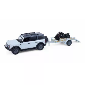   Greenlight - 1:64 2021 Ford Bronco 4-Door Badlands in Cactus Grey with Utility Trailer and Motorcycle - Hitch & Tow Series 33 - GreenLight