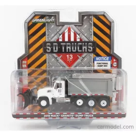  Greenlight - Mack Granite Dump Truck Cassone Ribaltabile 4-Assi 2019 - Spazzaneve - Snowplow White Silver