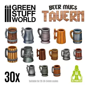   Green Stuff World - 3D Printed set - Beer Mugs - Tavern - 30 pcs