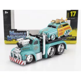   Maisto - MACK B-61 FLATBED TRUCK CAR TRANSPORTER WITH FORD WOODY CUSTOM 1950 VERY LIGHT GREEN