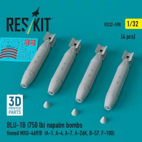   Reskit - BLU-1B (750 lb) napalm bombs finned MXU-469/B (4 pcs) (A-1 A-4 A-7 A-26K B-57 F-100) (3D Printed)