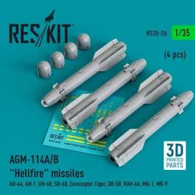   Reskit - AGM-114A/B Hellfire missiles (4 pcs) (AH-64, AH-1, UH-60, SH-60, Eurocopter Tiger, OH-58, RAH-66, MQ-1, MQ-9) (3D Printed)