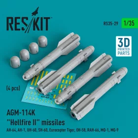   Reskit - AGM-114K Hellfire II missiles (4 pcs) (AH-64 AH-1 UH-60 SH-60 Eurocopter Tiger OH-58 RAH-66 MQ-1 MQ-9) (3D Printed)