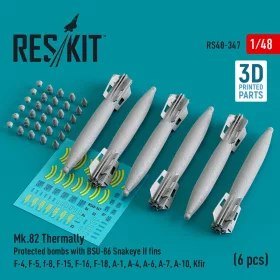   Reskit - Mk.82 thermally protected bombs with BSU-86 Snakeye II fins (6 pcs) (F-4, F-5, F-8, F-15, F-16, F-18, A-1, A-4, A-6, A-7, A-10, Kfir) (3D Printed)