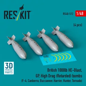   Reskit - British 1000lb HE-Blast GP High Drag (Retarded) bombs (4 pcs) (F-4 Canberra Buccaneer Harrier Hunter Tornado) (3D printed)