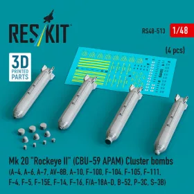   Reskit - Mk 20 Rockeye II (CBU-59 APAM) Cluster bombs (A-4 A-6 A-7 AV-8B A-10 F-100 F-104 F-105 F-111 F-4 F-5 F-15E F-14 F-16 F/A-18A-D B-52 P-3C S-3B) (4 pcs) (3D Printed)