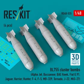   Reskit - BL755 cluster bombs (4 pcs) (Alpha Jet, Buccaneer, BAE Hawk, Fiat G.91, Jaguar, Harrier, Hunter, F-4, F-5, MB-339, Tornado, J-22, MiG-27) (3D Printed)
