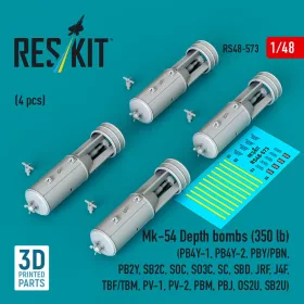  Reskit - Mk-54 Depth bombs (350 lb) (4 pcs) (PB4Y-1 PB4Y-2 PBY/PBN PB2Y SB2C SOC SO3C SC SBD JRF J4F TBF/TBM PV-1 PV-2 PBM PBJ OS2U SB2U) (3D Printed)