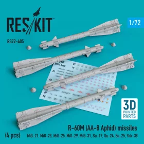   Reskit - R-60? (AA-8 Aphid) missiles (4 pcs) (MiG-21,MiG-23,MiG-25, MiG-29,MiG-31,Su-17,Su-24,Su-25,Yak-38) (3D Printed)