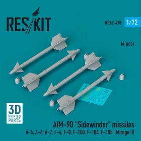   Reskit - AIM-9D Sidewinder missiles (4 pcs) (A-4, A-6, A-7, F-4, F-8, F-100, F-104, F-105, Mirage III) (3D Printed)