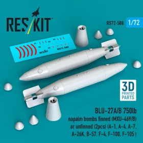   Reskit - BLU-27A/B 750lb napalm bombs finned (MXU-469/B) or unfinned (2pcs) (A-1 A-4 A-7 A-26K B-57 F-4 F-100 F-105 ) (3D Printed)