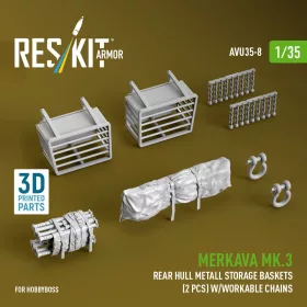   Reskit - Merkava Mk.3 rear hull metall storage baskets (2 pcs) w/workable chains for HobbyBoss kit (3D Printed)