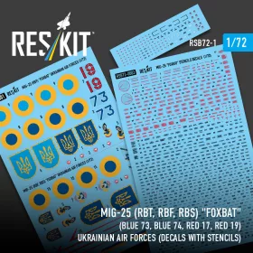   Reskit - MiG-25RBT, RBF, RBS Foxbat (Blue 73, Blue 74, Red 17, Red 19) Ukrainian Air Forces (Decals with Stencils)